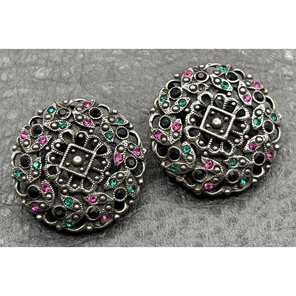 Vintage 1928 Ornate Filigree Brooch Pink Green Black Rhinestone Silver Tone